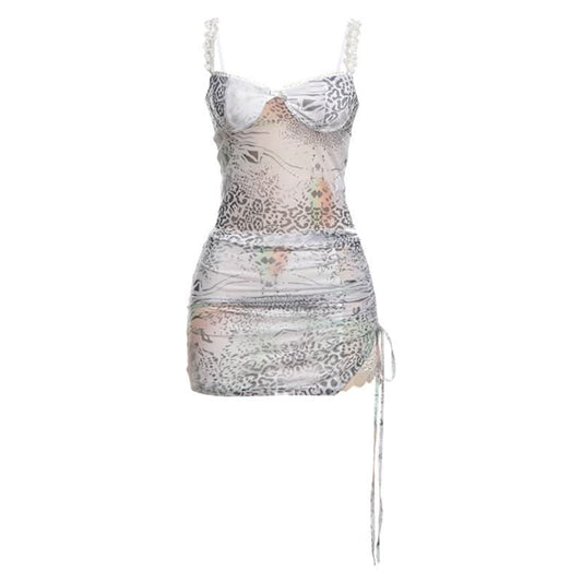 Lace hem bowknot print drawstring cami mini skirt set