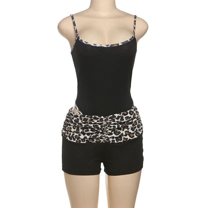 Leopard print u neck 2 piece cami short pant set