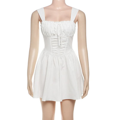 Ruched lace up zip-up cami mini dress