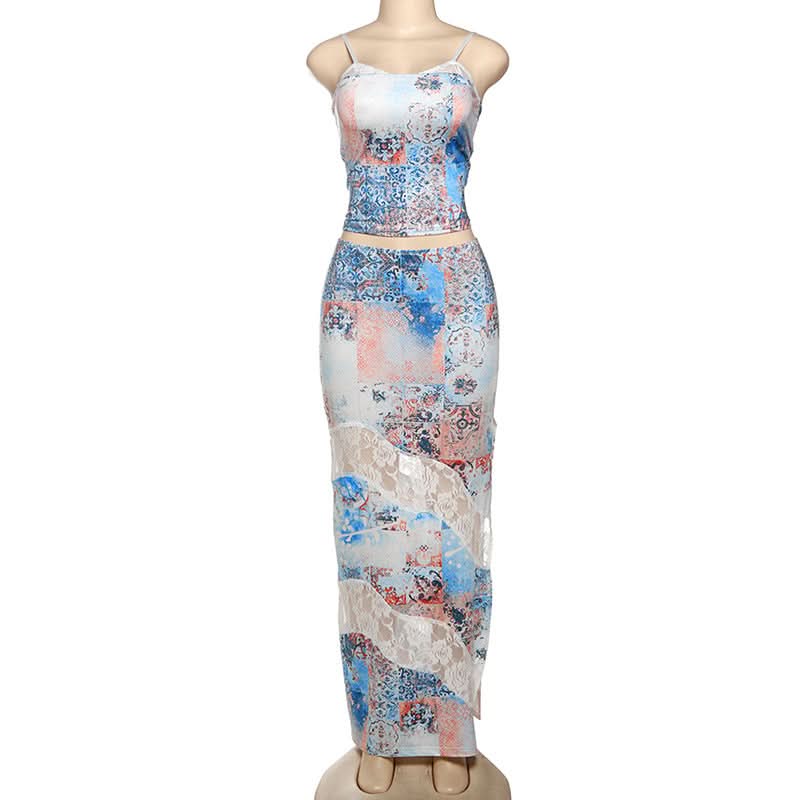 Contrast lace patchwork slit cami maxi dress