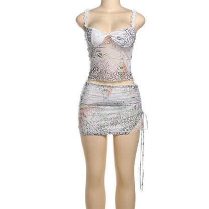 Lace hem bowknot print drawstring cami mini skirt set