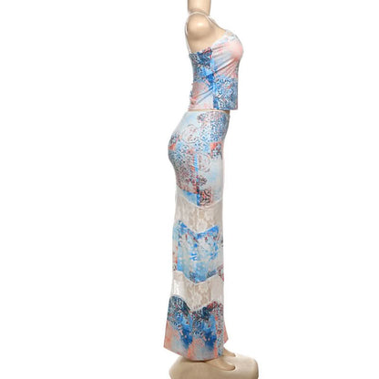 Contrast lace patchwork slit cami maxi dress