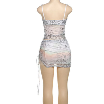 Lace hem bowknot print drawstring cami mini skirt set