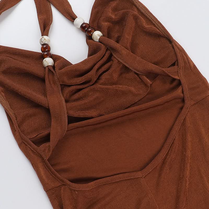 Cowl neck halter beaded slit maxi dress