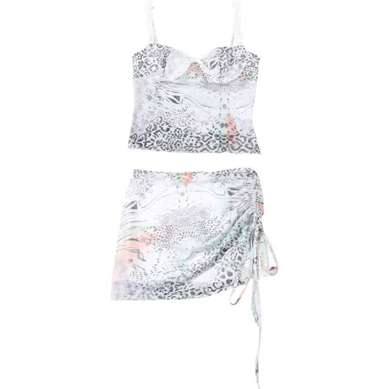 Lace hem bowknot print drawstring cami mini skirt set