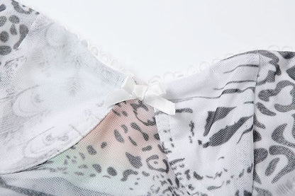 Lace hem bowknot print drawstring cami mini skirt set