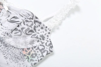 Lace hem bowknot print drawstring cami mini skirt set