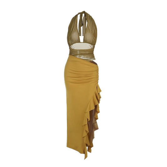 Halter ruffle slit ruched hollow out maxi dress