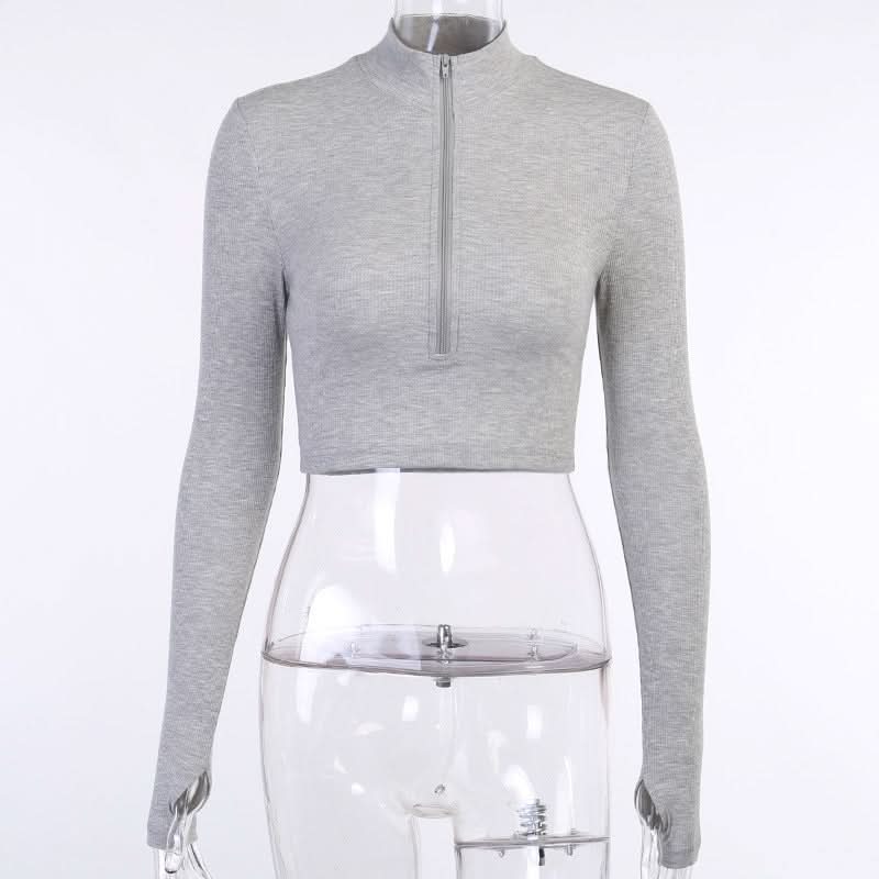 Long sleeve high neck zip-up crop top