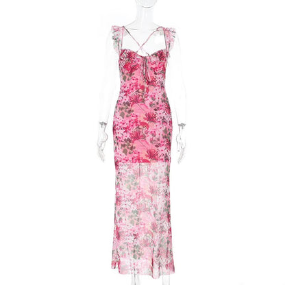 Flower print mesh corss back cami maxi dress