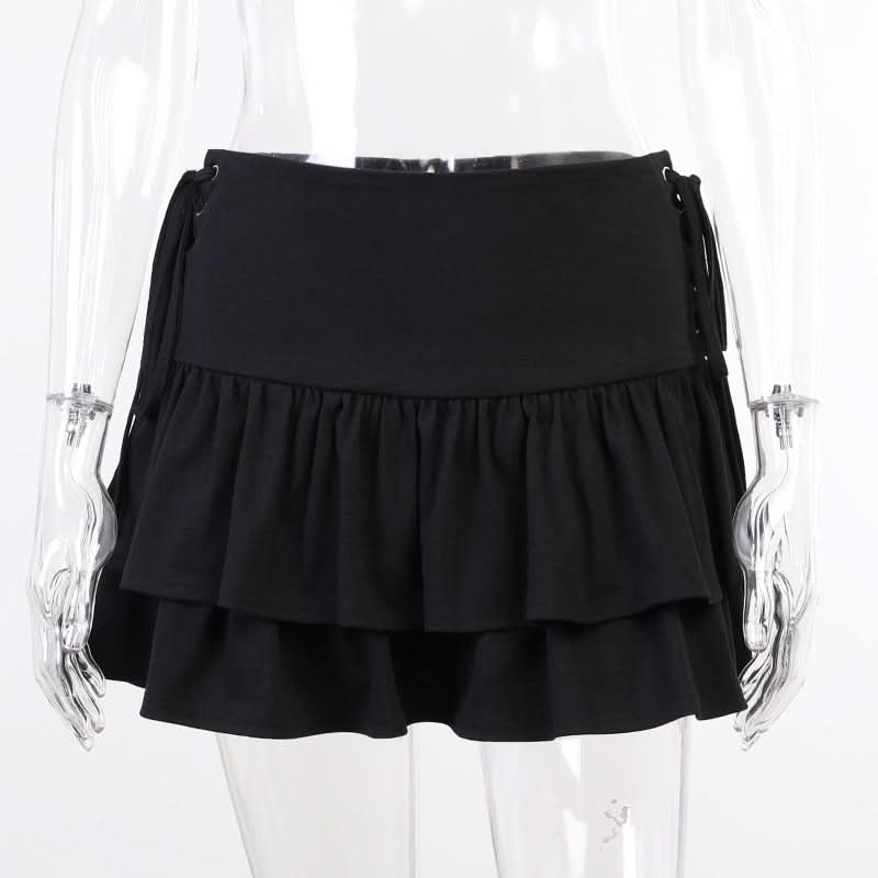 Ruffle lace up solid mini skirt