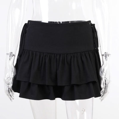 Ruffle lace up solid mini skirt