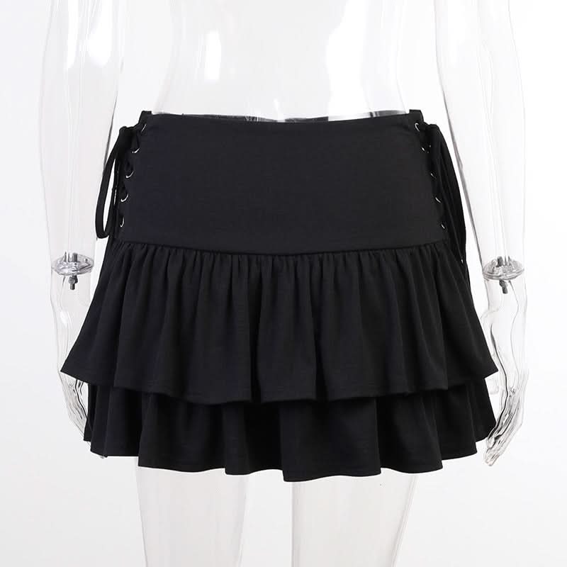 Ruffle lace up solid mini skirt