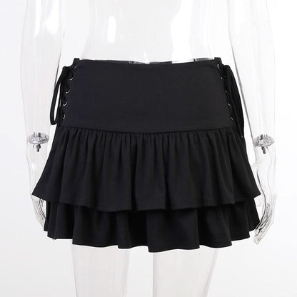 Ruffle lace up solid mini skirt