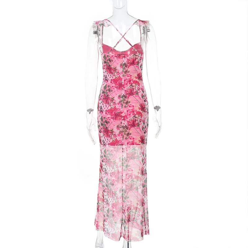 Flower print mesh corss back cami maxi dress