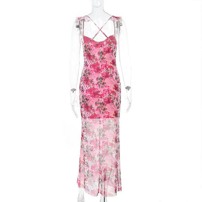 Flower print mesh corss back cami maxi dress