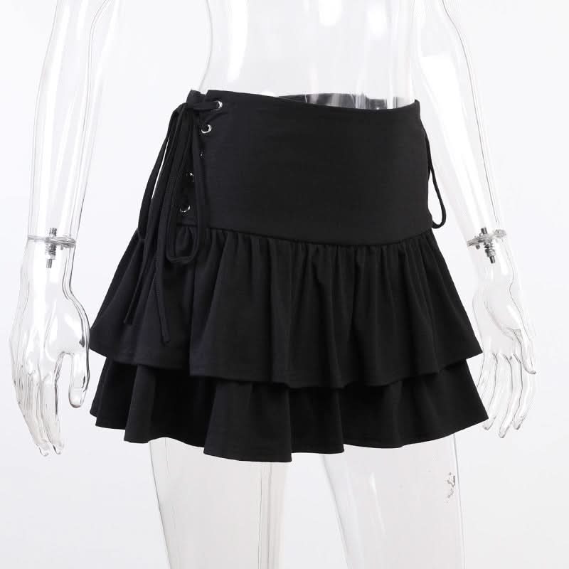 Ruffle lace up solid mini skirt