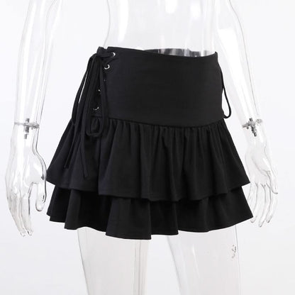 Ruffle lace up solid mini skirt
