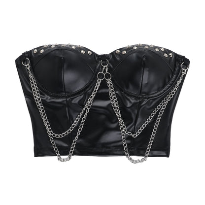 PU leather metal chain zip-up rivet tube top