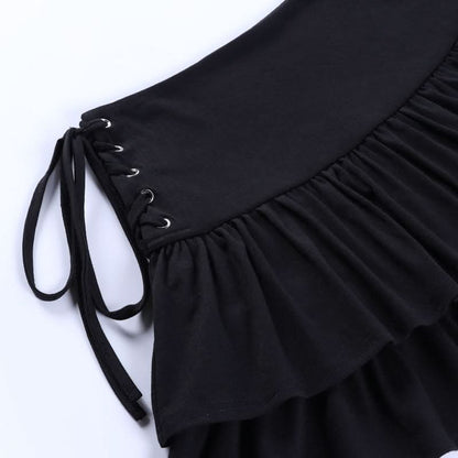 Ruffle lace up solid mini skirt