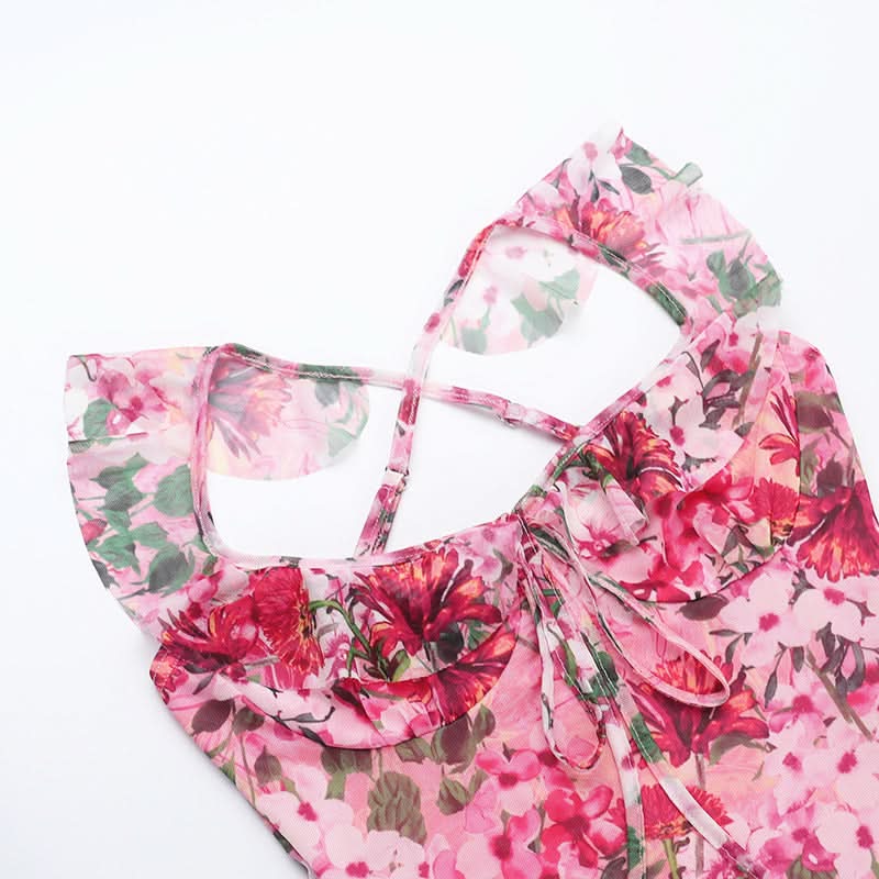 Flower print mesh corss back cami maxi dress