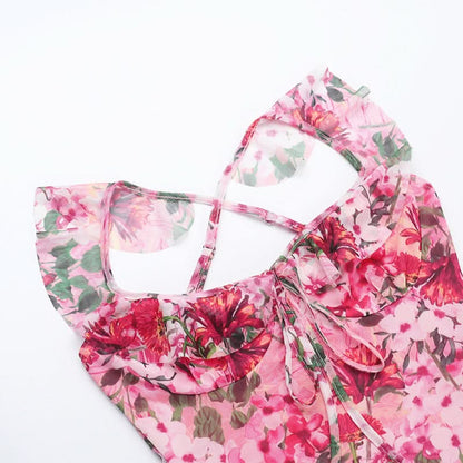Flower print mesh corss back cami maxi dress