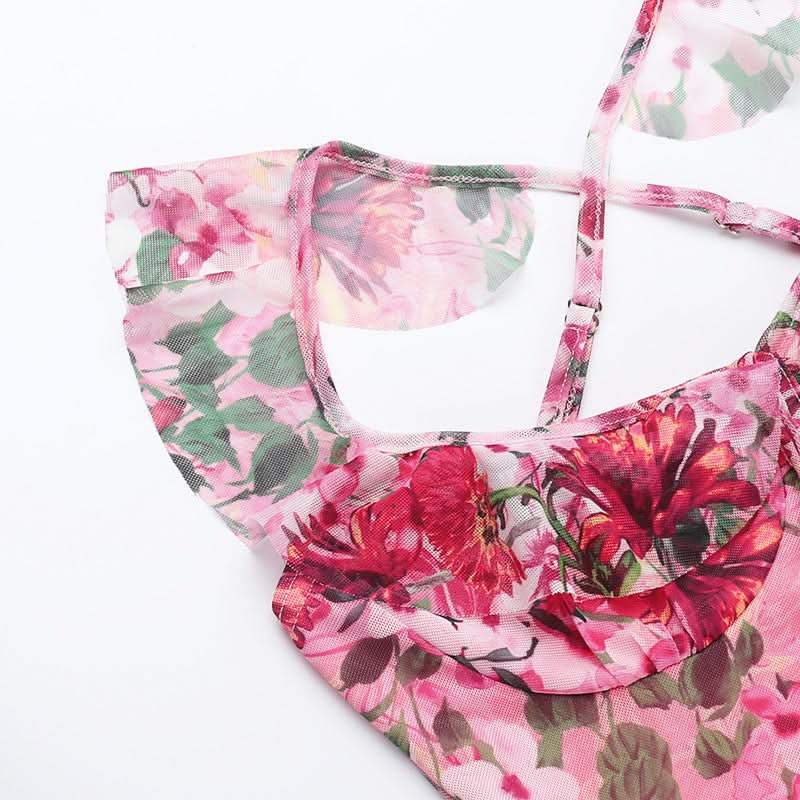 Flower print mesh corss back cami maxi dress