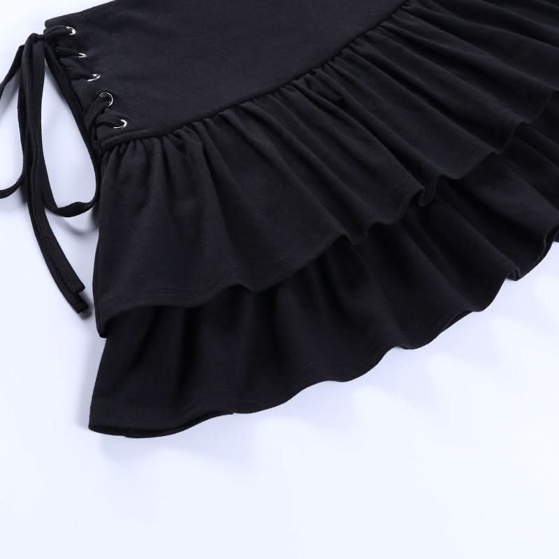 Ruffle lace up solid mini skirt