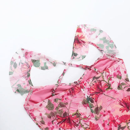 Flower print mesh corss back cami maxi dress