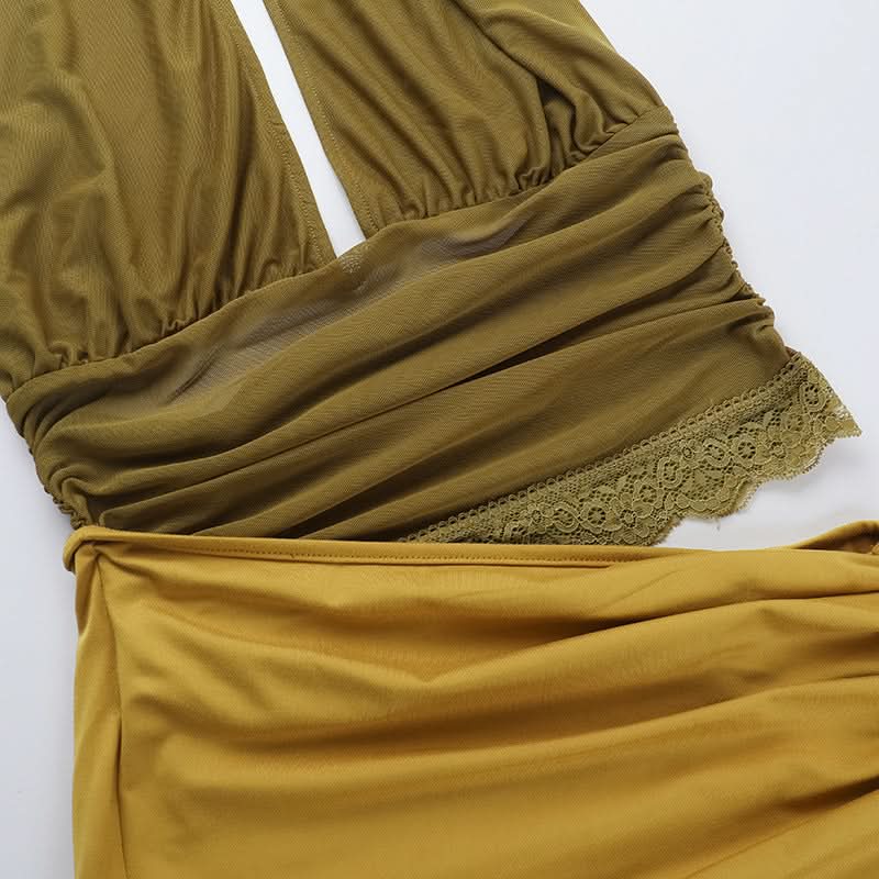 Halter ruffle slit ruched hollow out maxi dress