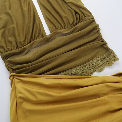 Halter ruffle slit ruched hollow out maxi dress