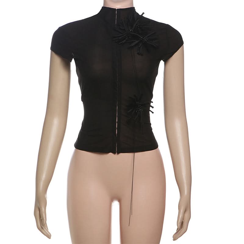 High neck short sleeve flower applique button top