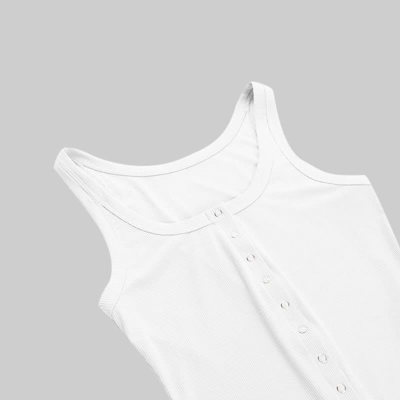 U neck button solid tank top
