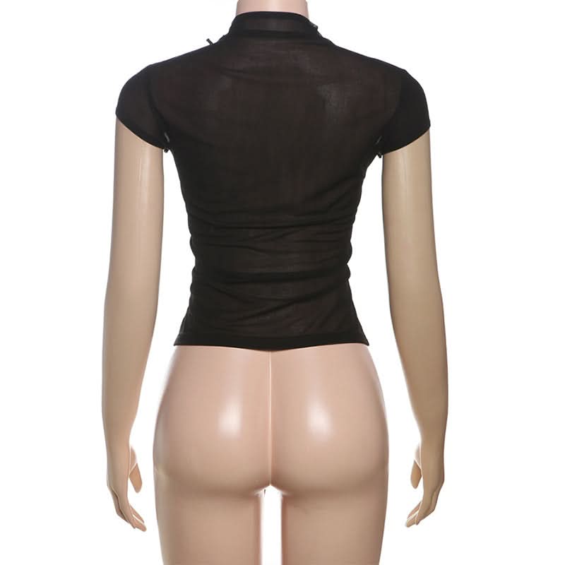 High neck short sleeve flower applique button top