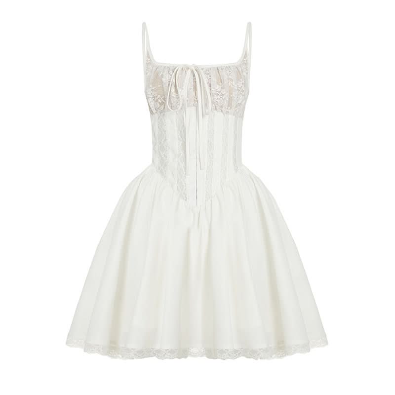 Square neck lace ruched zip-up cami mini dress
