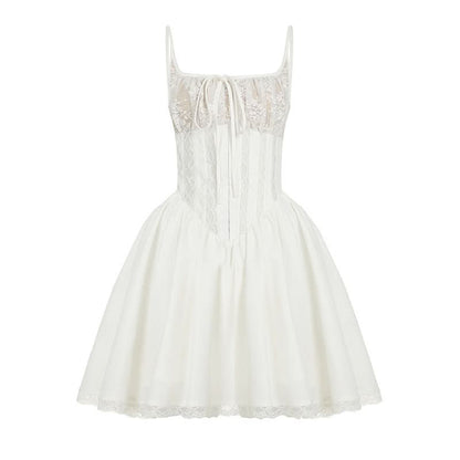 Square neck lace ruched zip-up cami mini dress
