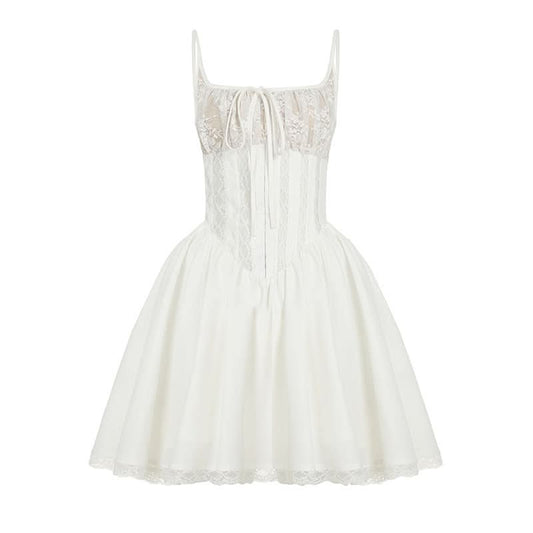 Square neck lace ruched zip-up cami mini dress