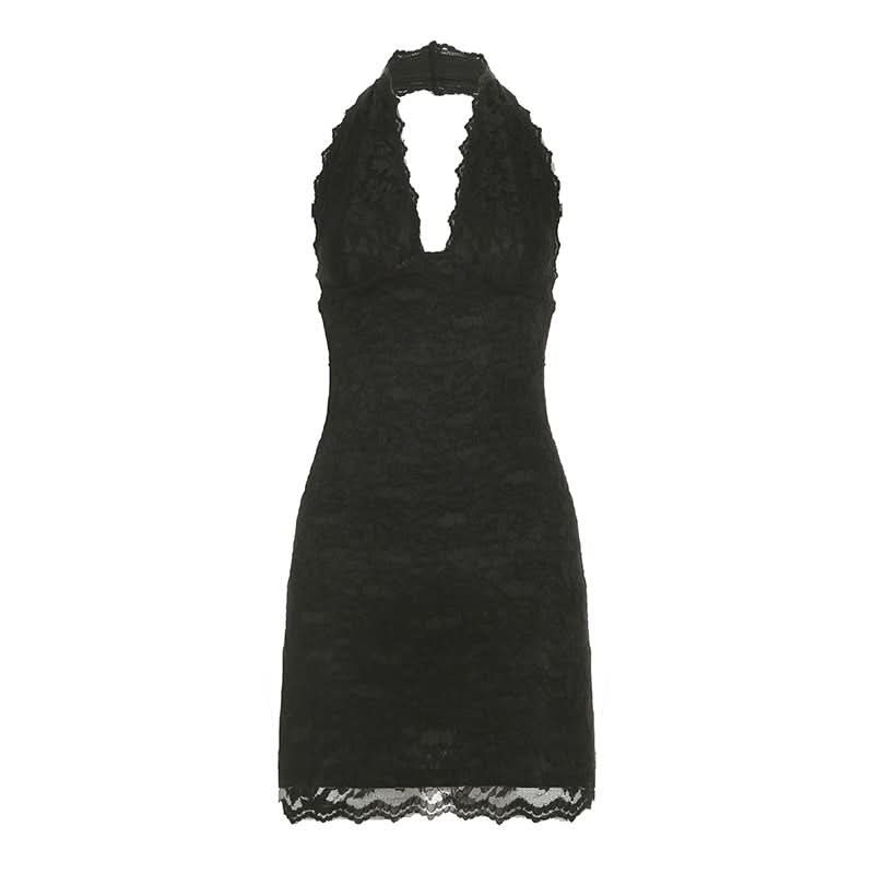 Halter lace hem v neck solid backless mini dress