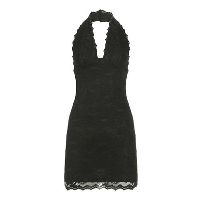 Halter lace hem v neck solid backless mini dress