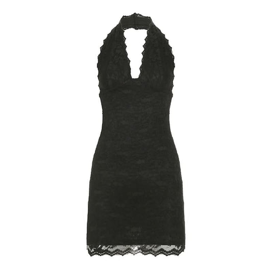Halter lace hem v neck solid backless mini dress