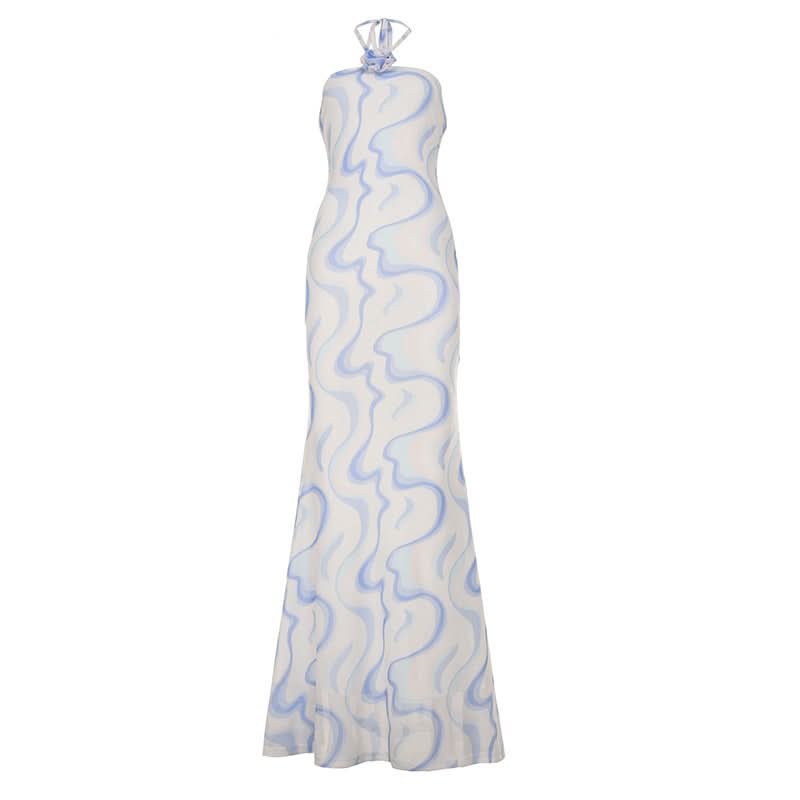Ripple flower applique halter self tie maxi dress