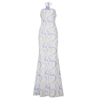 Ripple flower applique halter self tie maxi dress