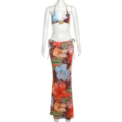 Self tie halter flower print 3 piece maxi skirt set