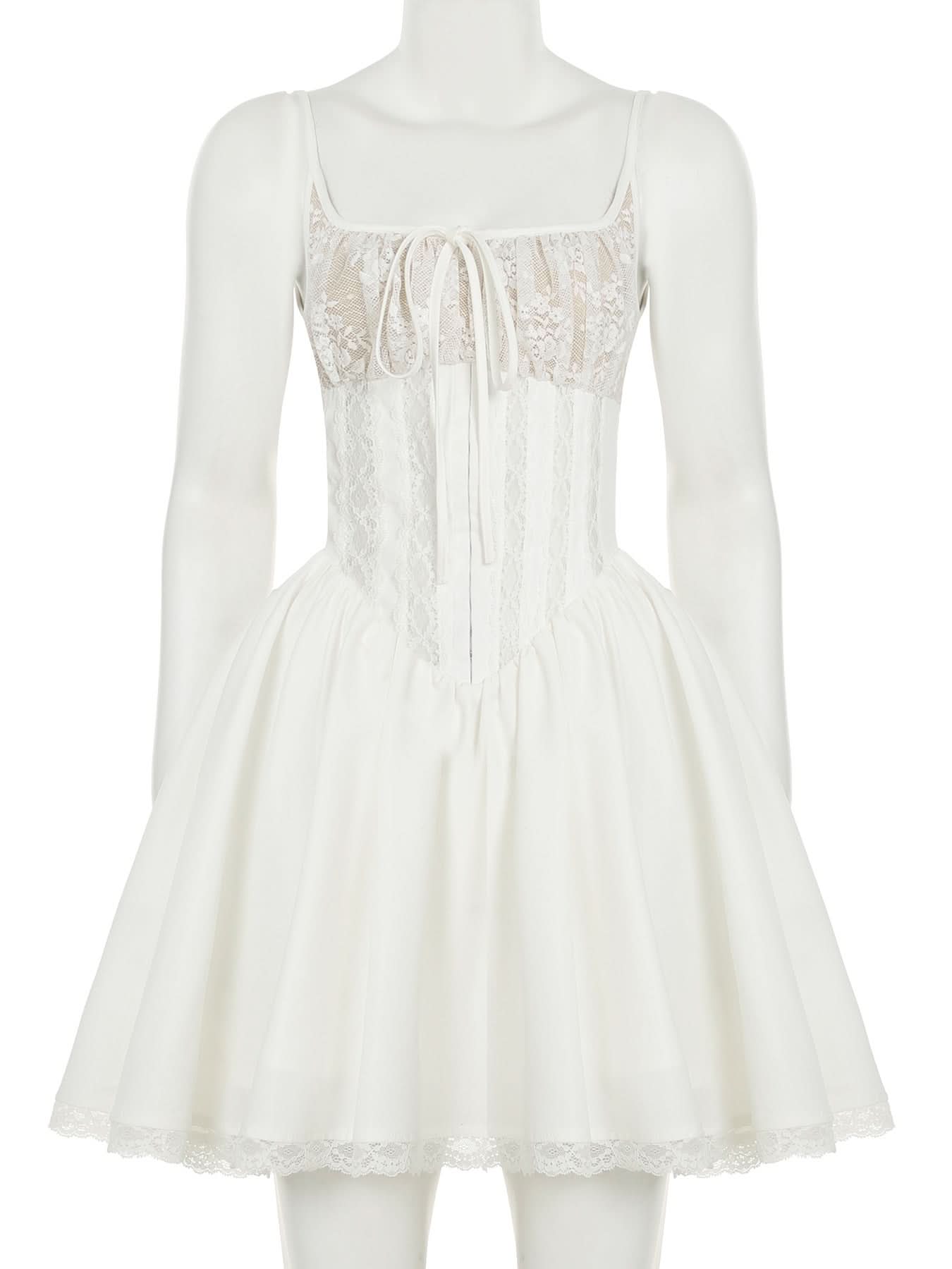 Square neck lace ruched zip-up cami mini dress