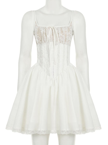 Square neck lace ruched zip-up cami mini dress