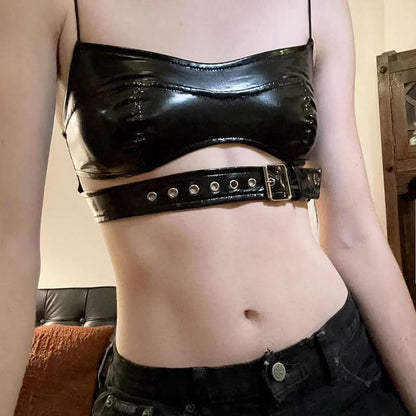 Zip-up PU leather hollow out spaghetti strap cut out top