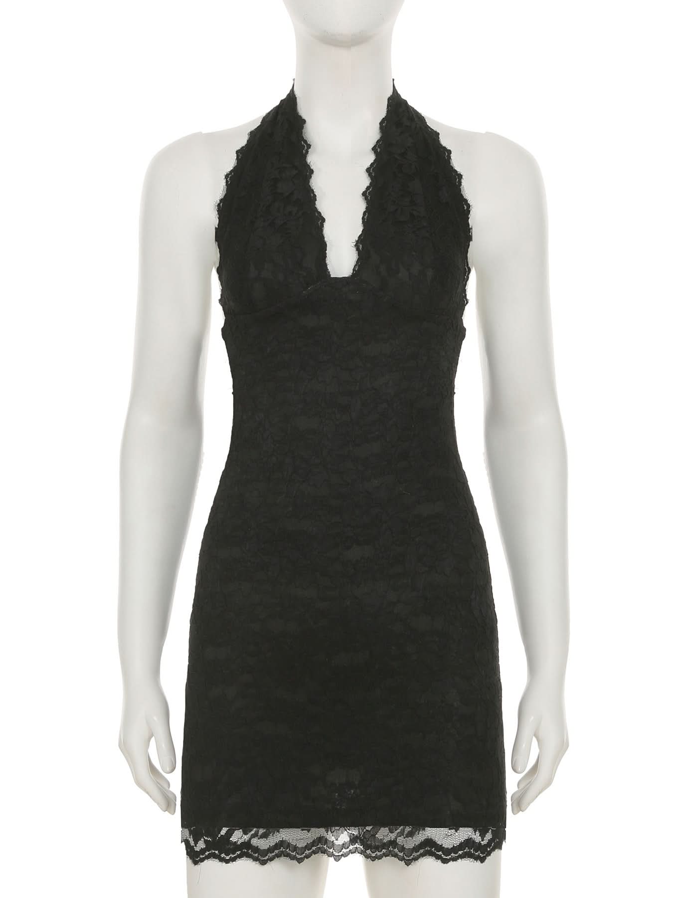 Halter lace hem v neck solid backless mini dress