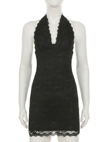Halter lace hem v neck solid backless mini dress