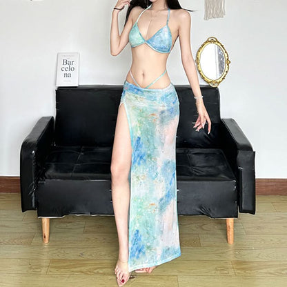 Halter self tie print slit v neck mesh maxi skirt set
