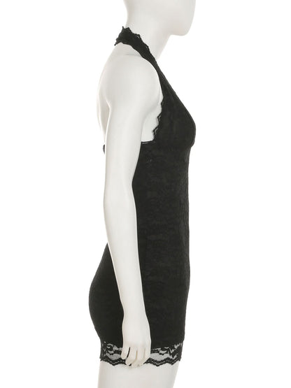 Halter lace hem v neck solid backless mini dress